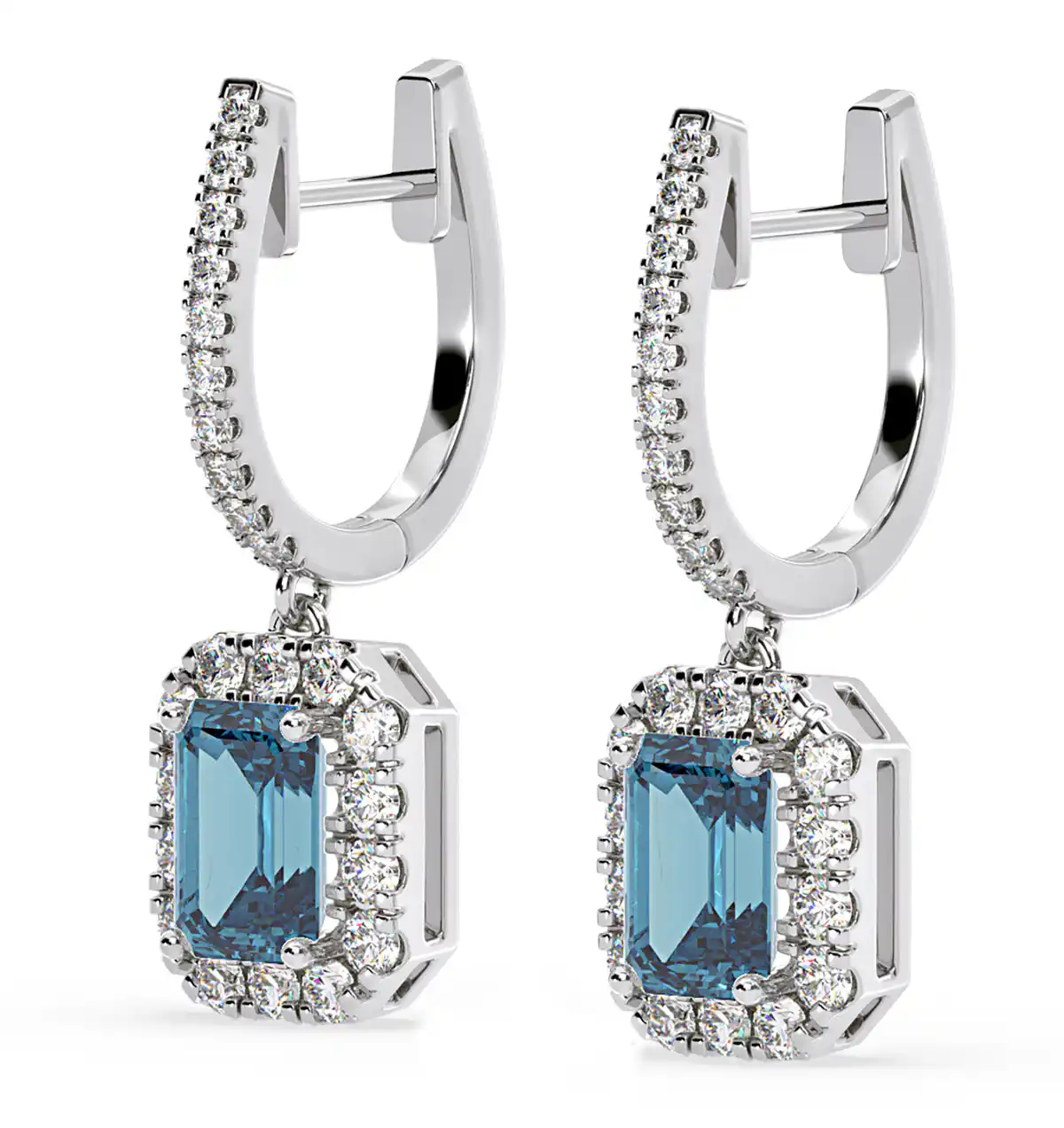 Annabelle Blue Lab Diamond 2.78ct Emerald Cut Halo Earrings in 18K White Gold - Elara Collection