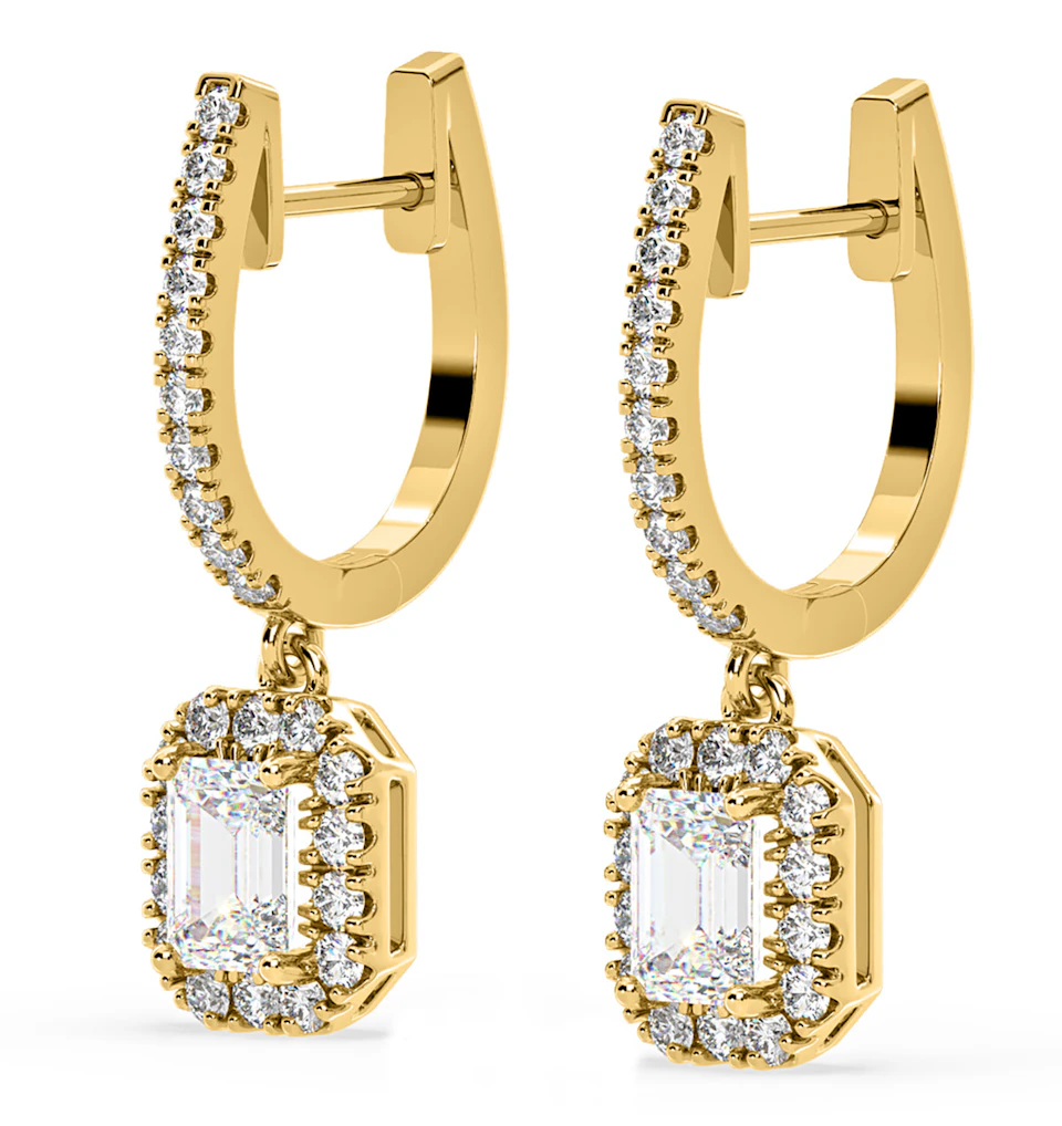 Annabelle Emerald Cut Lab Diamond Halo Drop Earrings 1.48ct in 18K Yellow Gold F/VS1