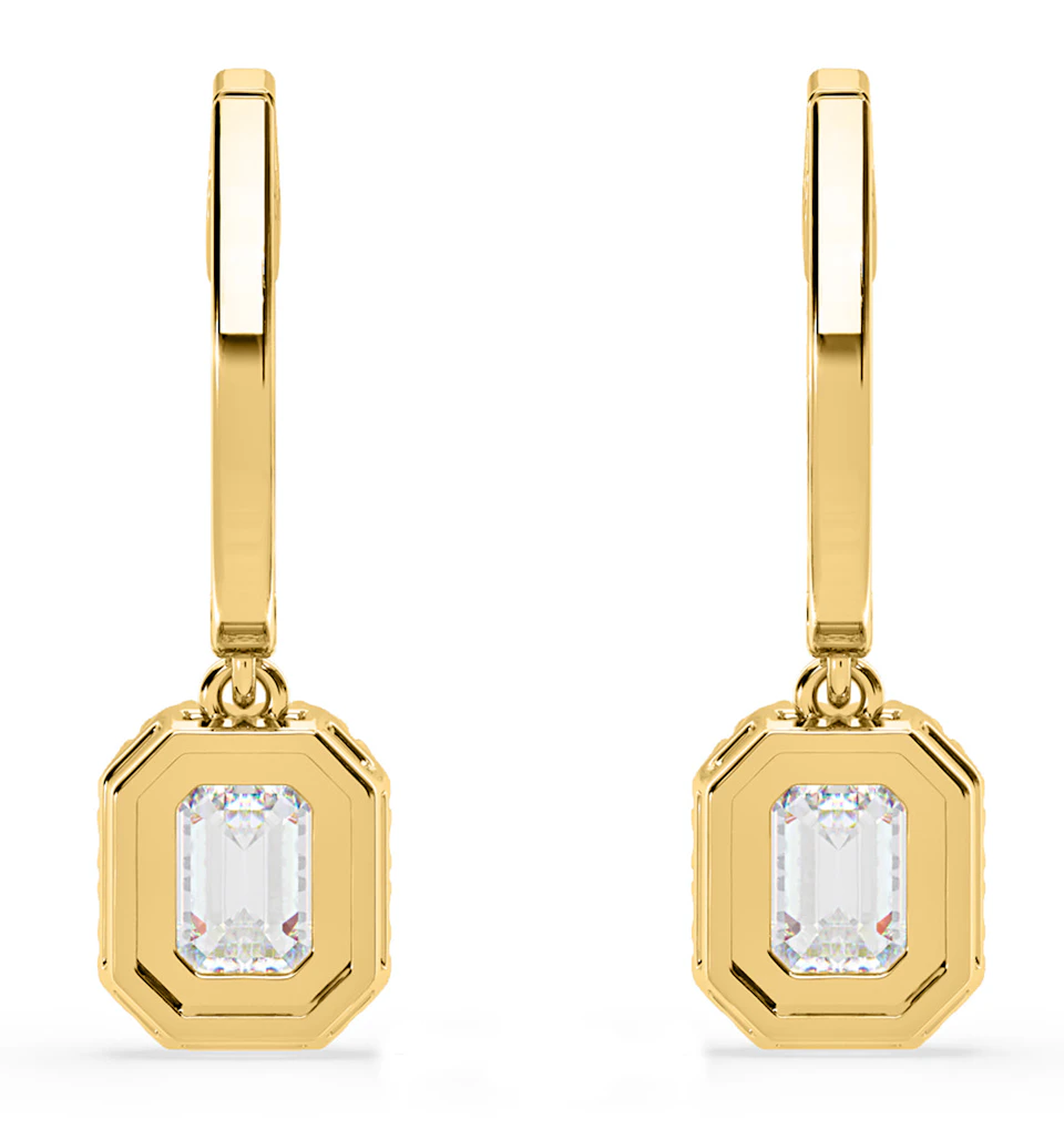 Annabelle Emerald Cut Lab Diamond Halo Drop Earrings 1.48ct in 18K Yellow Gold F/VS1
