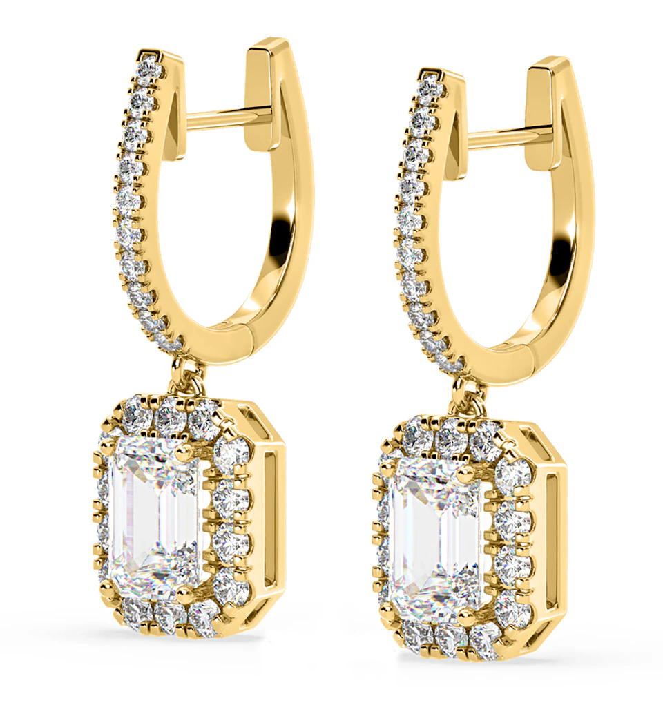 Annabelle Emerald Cut Lab Diamond Halo Drop Earrings 2.78ct in 18K Yellow Gold F/VS1