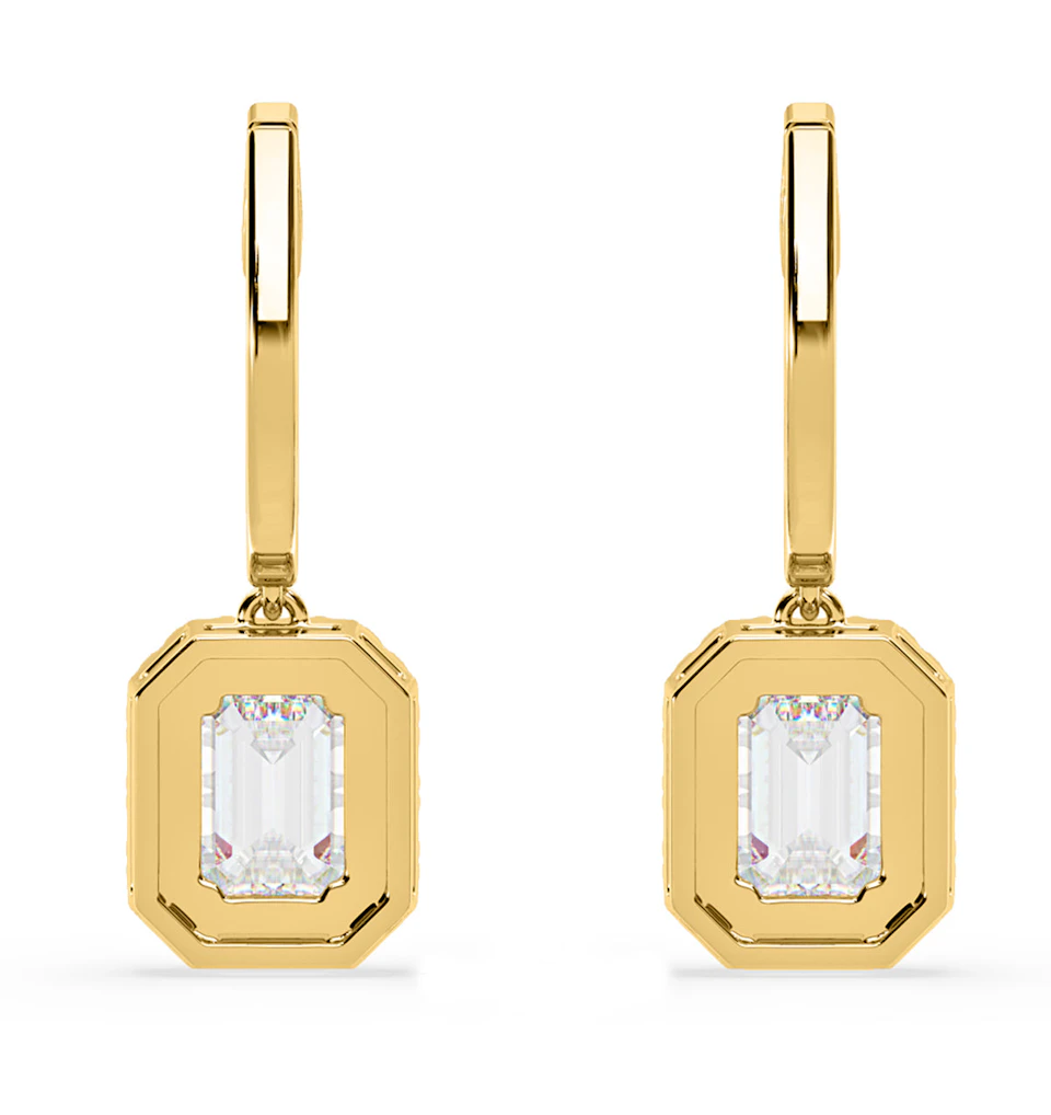 Annabelle Emerald Cut Lab Diamond Halo Drop Earrings 2.78ct in 18K Yellow Gold F/VS1
