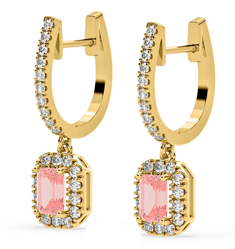 Annabelle Pink Lab Diamond 1.48ct Emerald Cut Halo Earrings in 18K Yellow Gold - Elara Collection