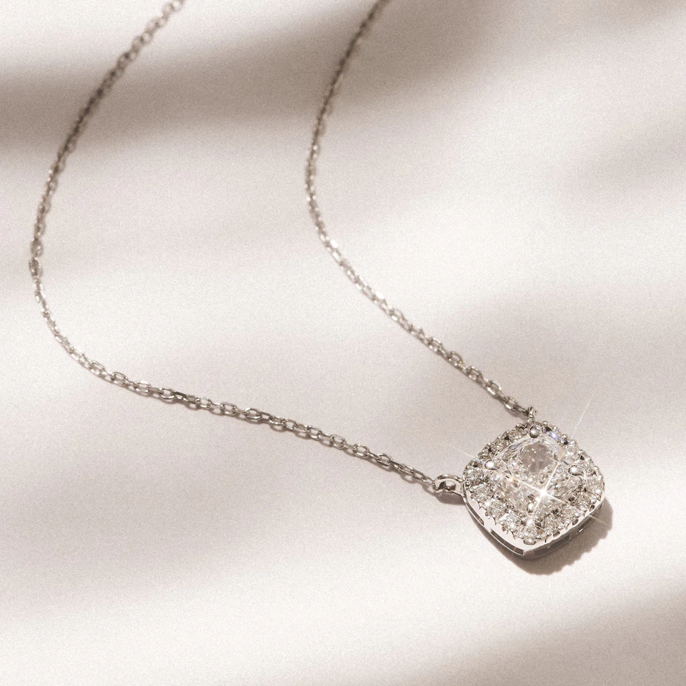 Lumia Cushion Cut Lab Diamond Halo Pendant 1.20ct F/VS in 9K White Gold
