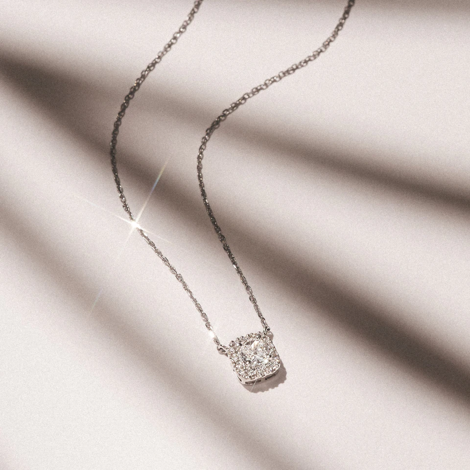 Lumia Cushion Cut Lab Diamond Halo Pendant 1.20ct F/VS in 9K White Gold
