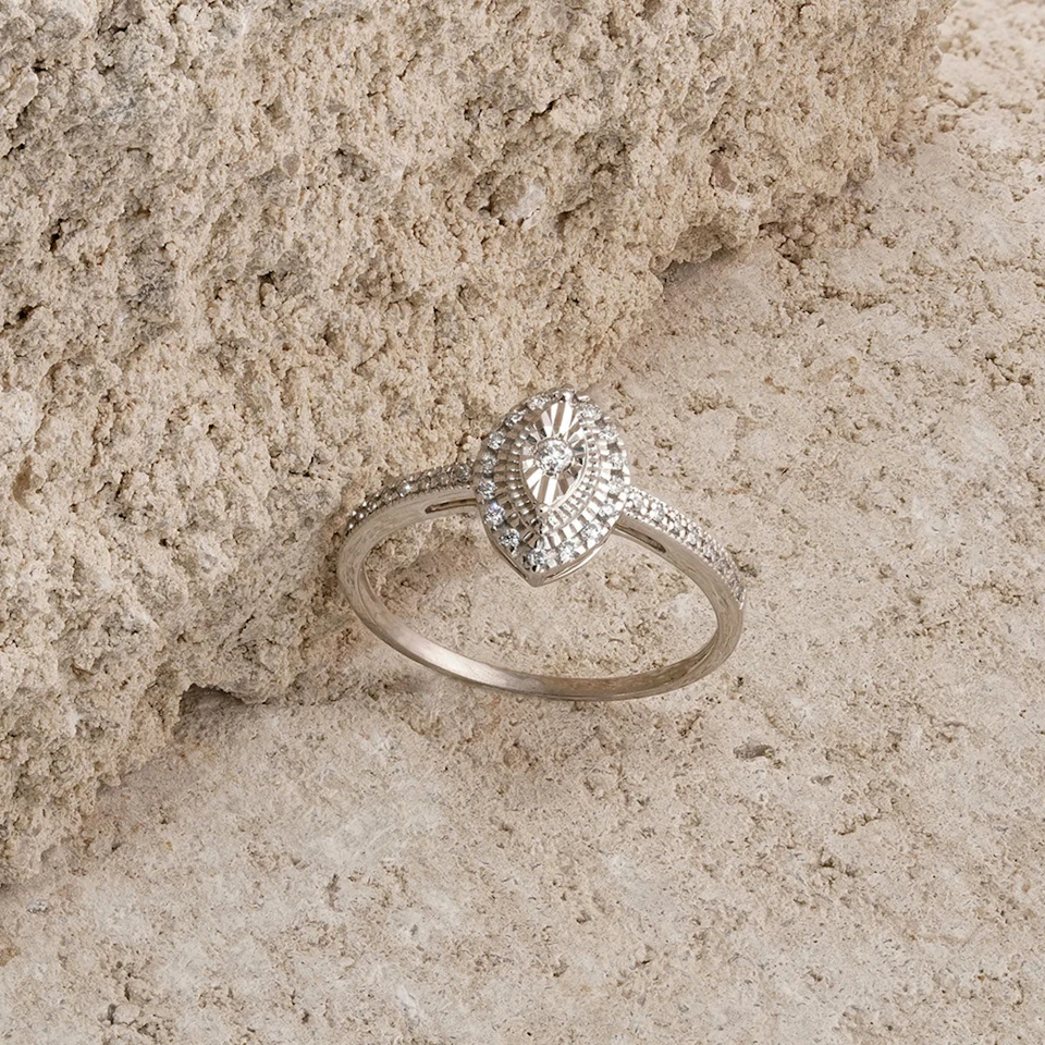 Masami Marquise Diamond Engagement Ring Halo Pave Set in 9K White Gold