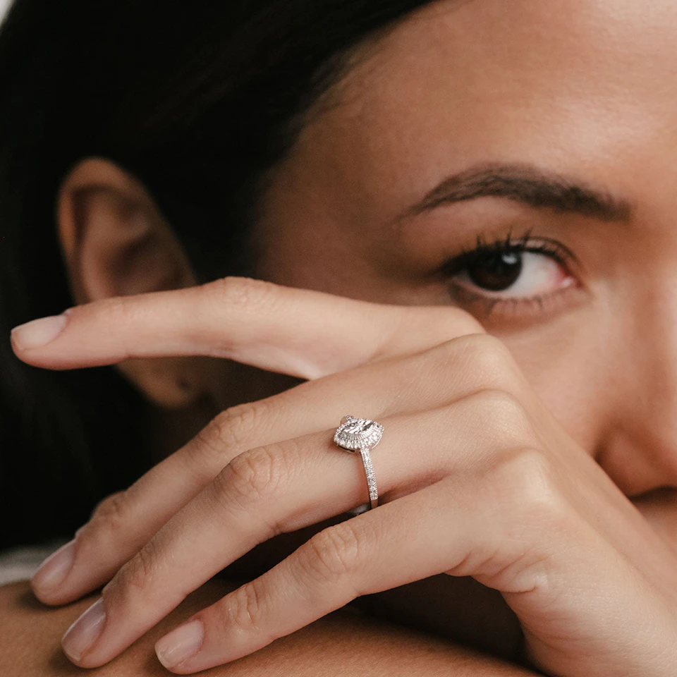 Masami Marquise Diamond Engagement Ring Halo Pave Set in 9K White Gold