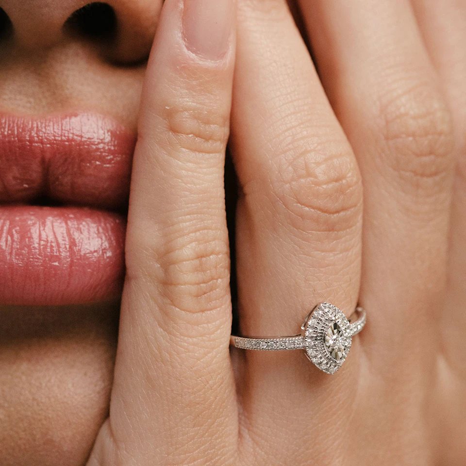 Masami Marquise Diamond Engagement Ring Halo Pave Set in 9K White Gold