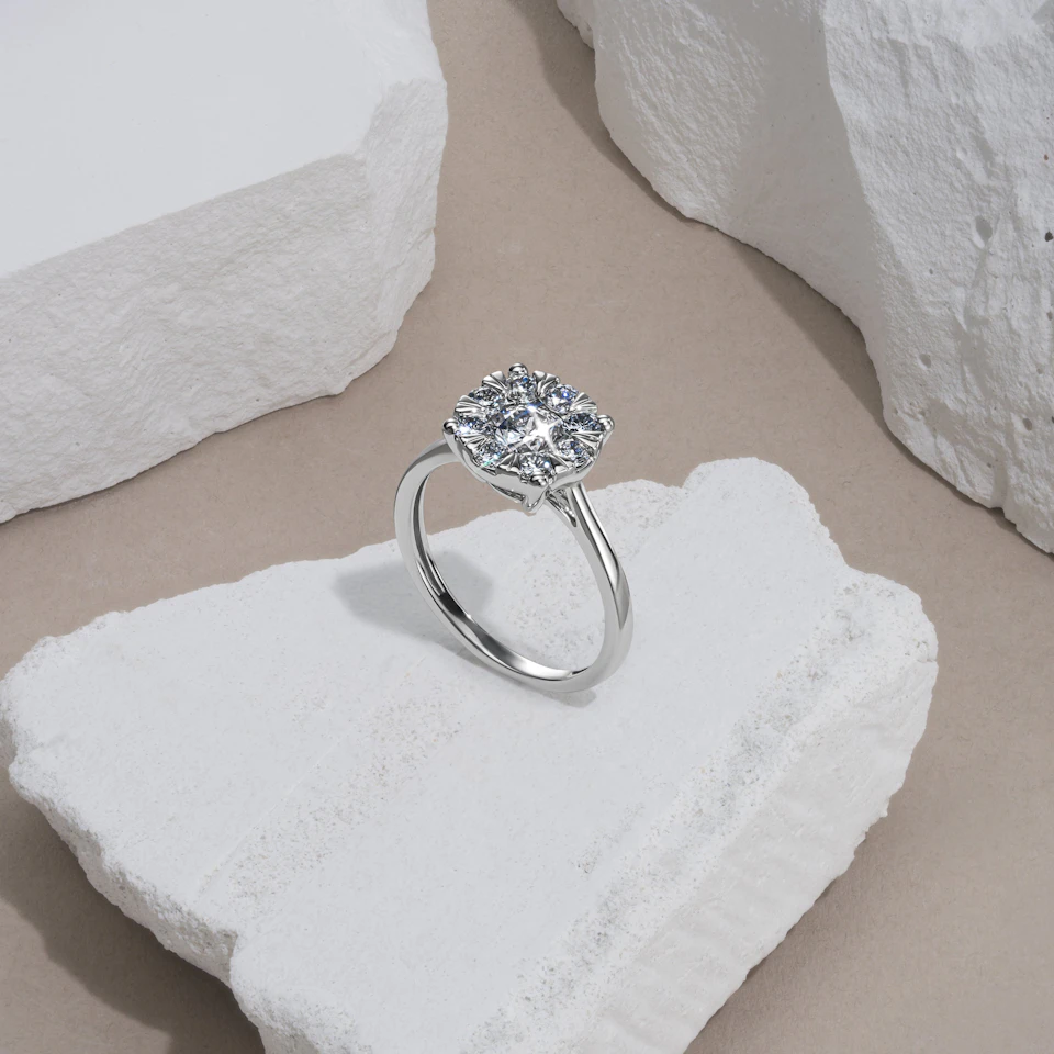 1 Carat Lab Diamond Cluster Solitaire Ring H/Si in 9K White Gold