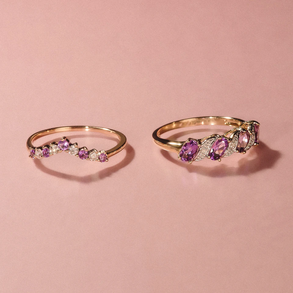 Starlit Amethyst and Lab Diamond Wishbone Ring in 9K Yellow Gold