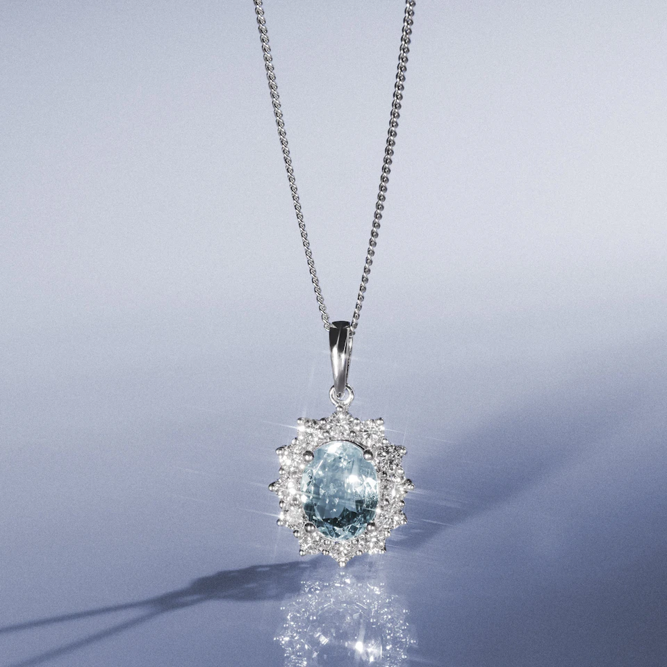 Aquamarine and Lab Diamond Cluster Necklace 9x7mm in 18K White Gold
