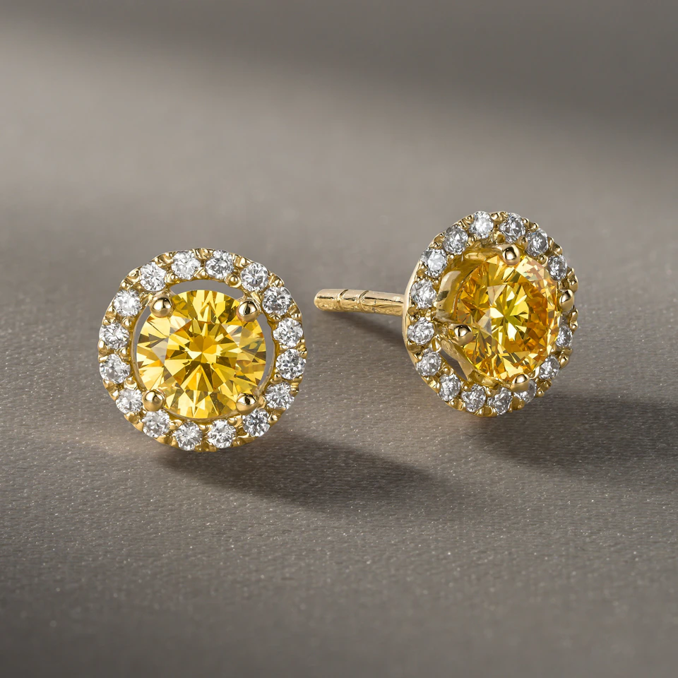 Ella Yellow Lab Diamond 1.34ct Halo Earrings in 18K Yellow Gold - Elara Collection