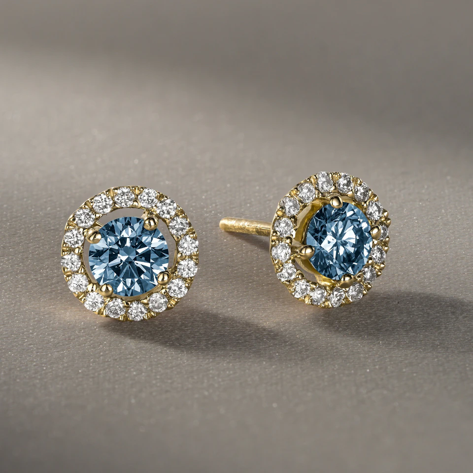 Ella Blue Lab Diamond 1.34ct Halo Earrings in 18K Yellow Gold - Elara Collection
