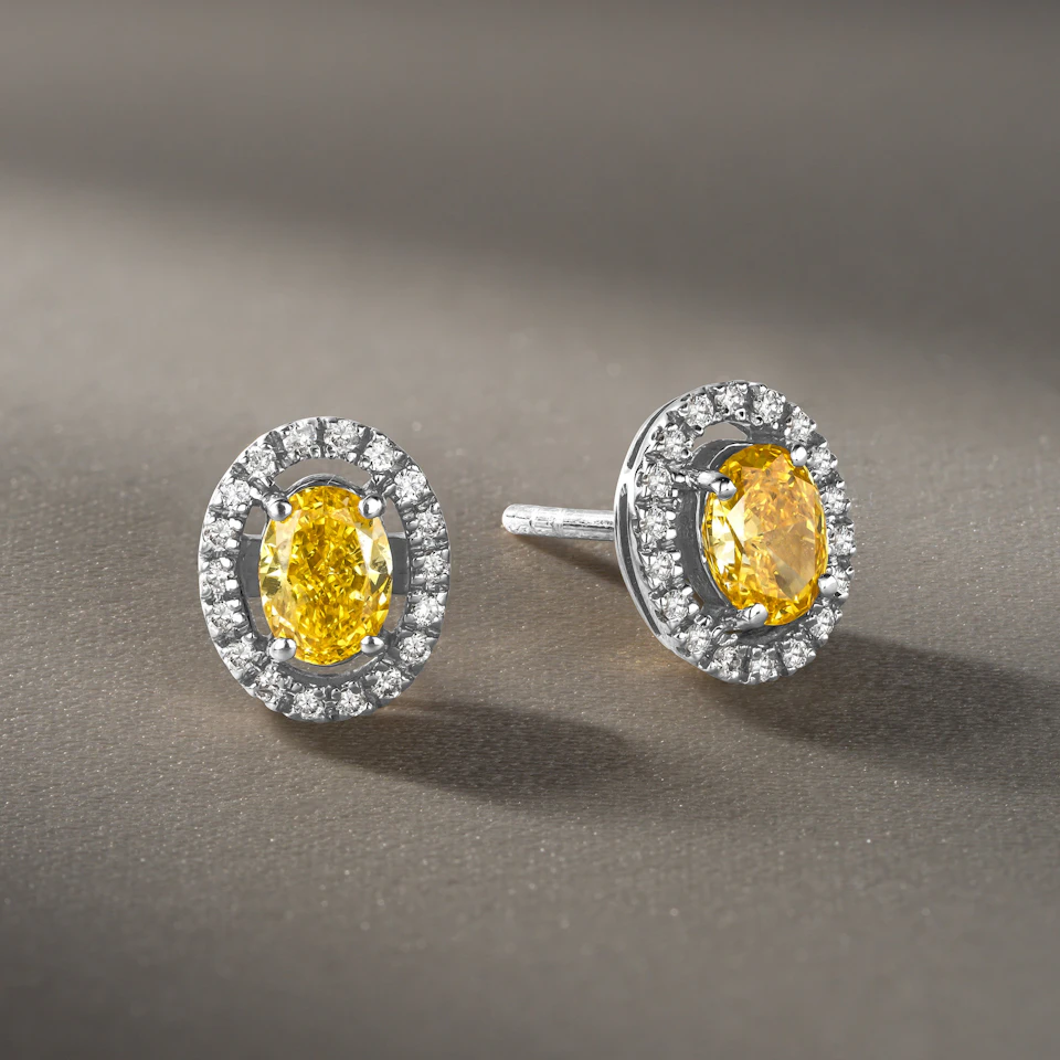 Georgina Yellow Lab Diamond 1.34ct Oval Halo Earrings in 18K White Gold - Elara Collection