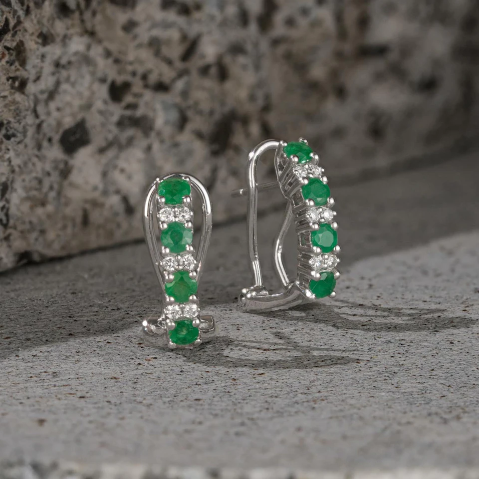 Emerald Earrings Half Huggie With Lab Diamonds Set in 925 Silver