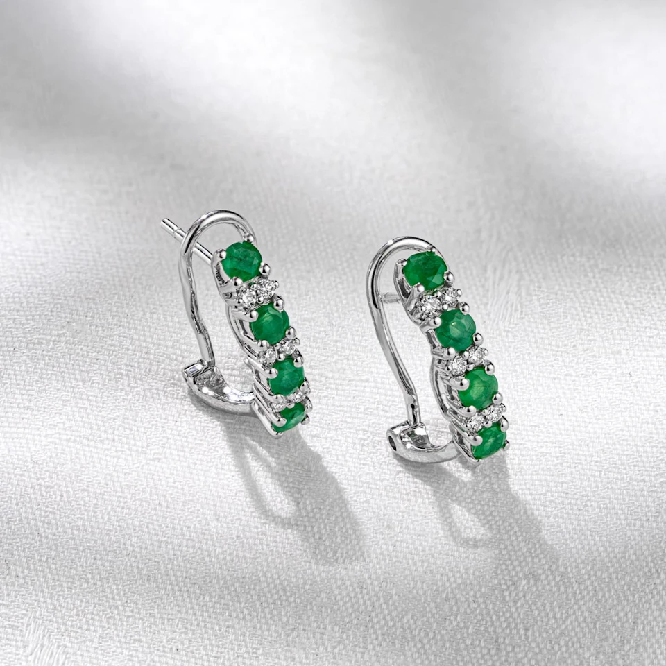 Emerald Earrings Half Huggie With Lab Diamonds Set in 925 Silver