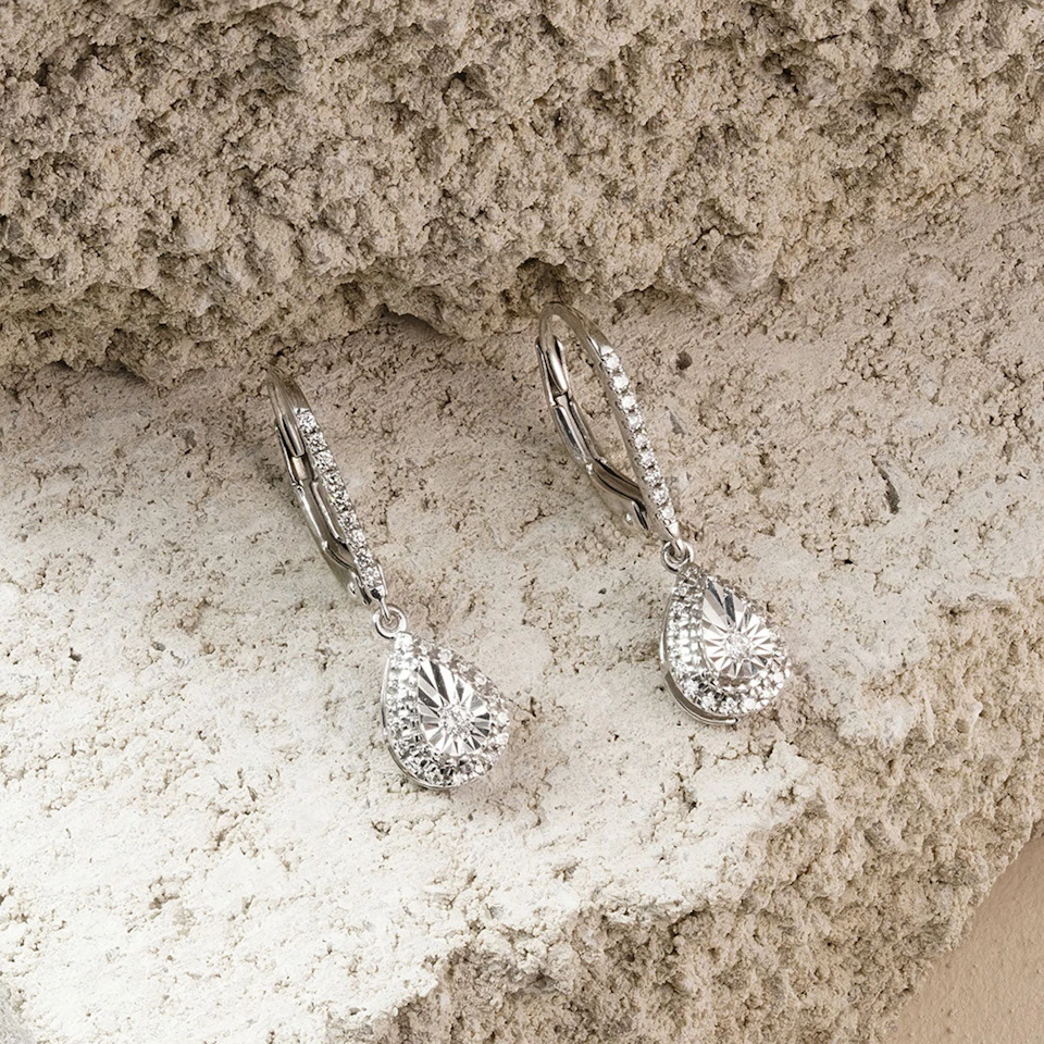Masami Lab Diamond Pear Halo Earrings 0.20ct Pave Set in 925 Sterling Silver
