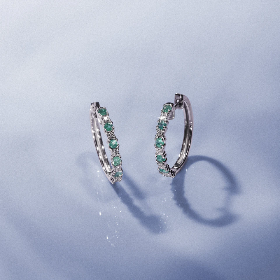 Emerald and Lab Diamond Hoops Earrings Stellato Collection 925 Silver