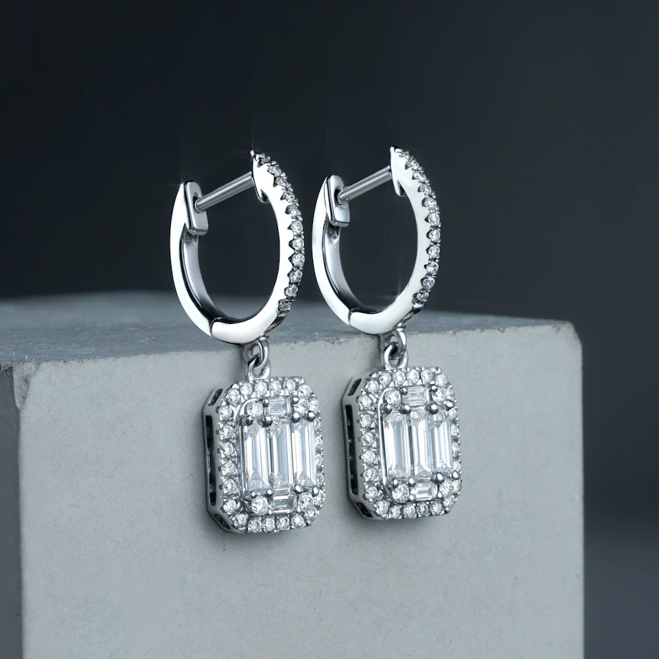 Baguette Lab Diamond Halo Earrings 1.30ct G/VS Set in 9K White Gold