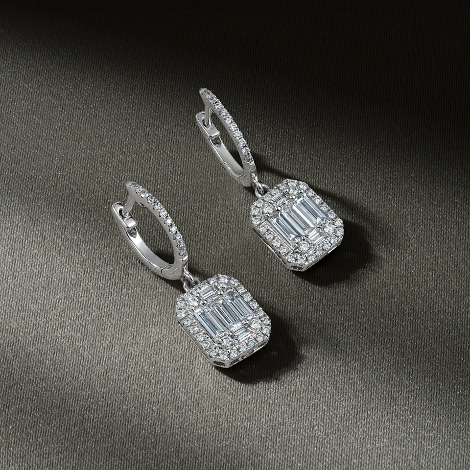Baguette Lab Diamond Halo Earrings 1.30ct G/VS Set in 9K White Gold