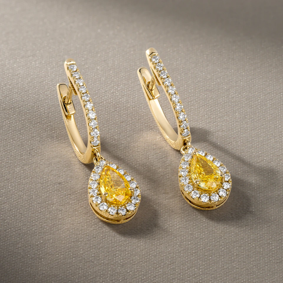 Diana Yellow Lab Diamond 1.48ct Pear Halo Drop Earrings in 18K Yellow Gold - Elara Collection