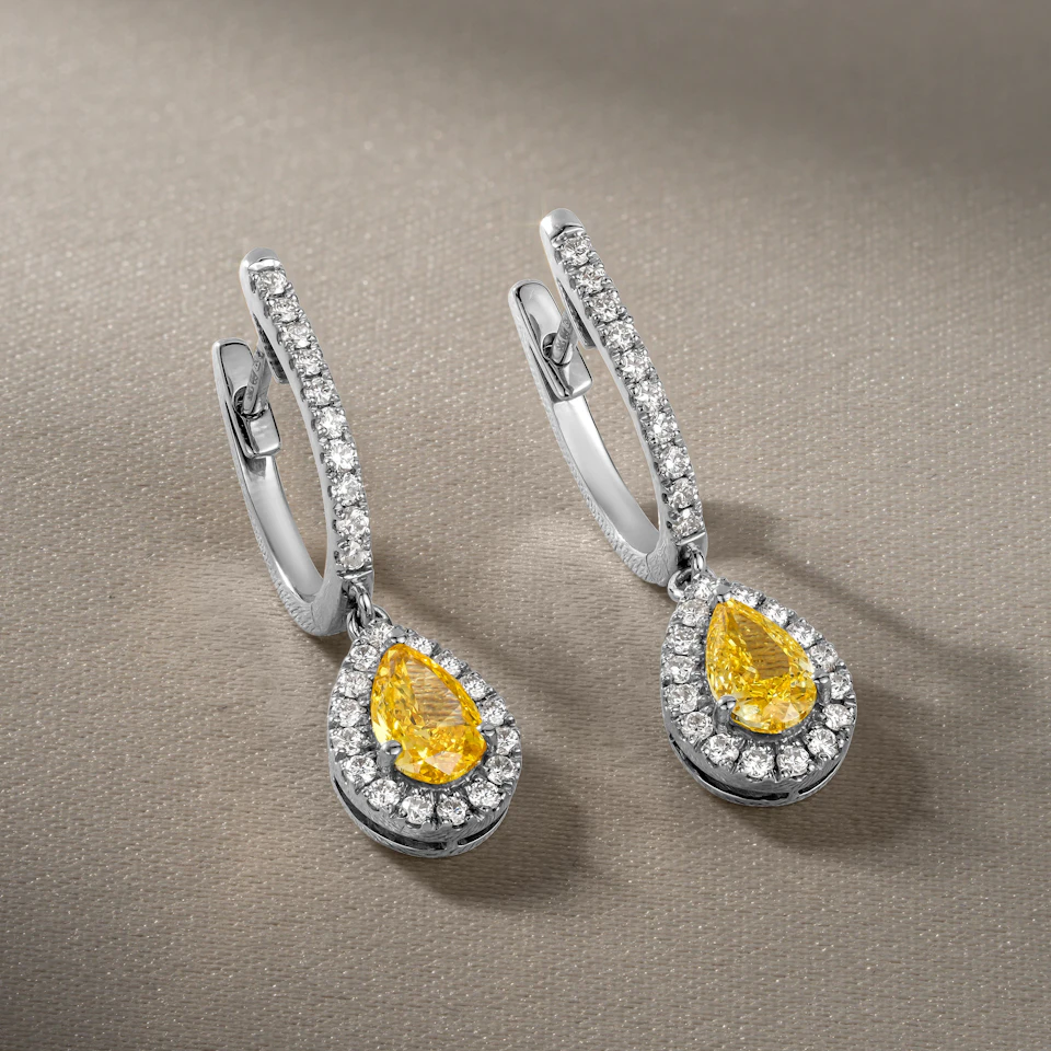 Diana Yellow Lab Diamond 1.48ct Pear Halo Drop Earrings in 18K White Gold - Elara Collection