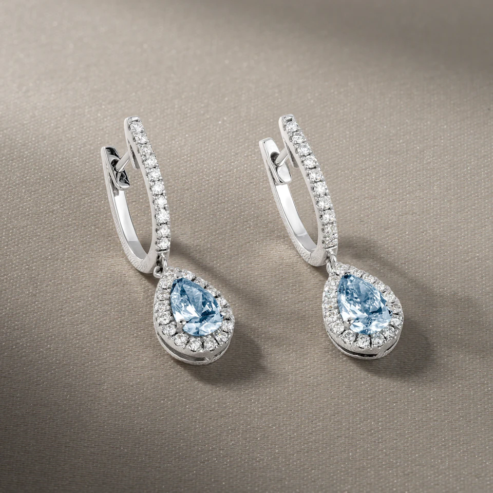 Diana Blue Lab Diamond 1.48ct Pear Halo Drop Earrings in 18K White Gold - Elara Collection