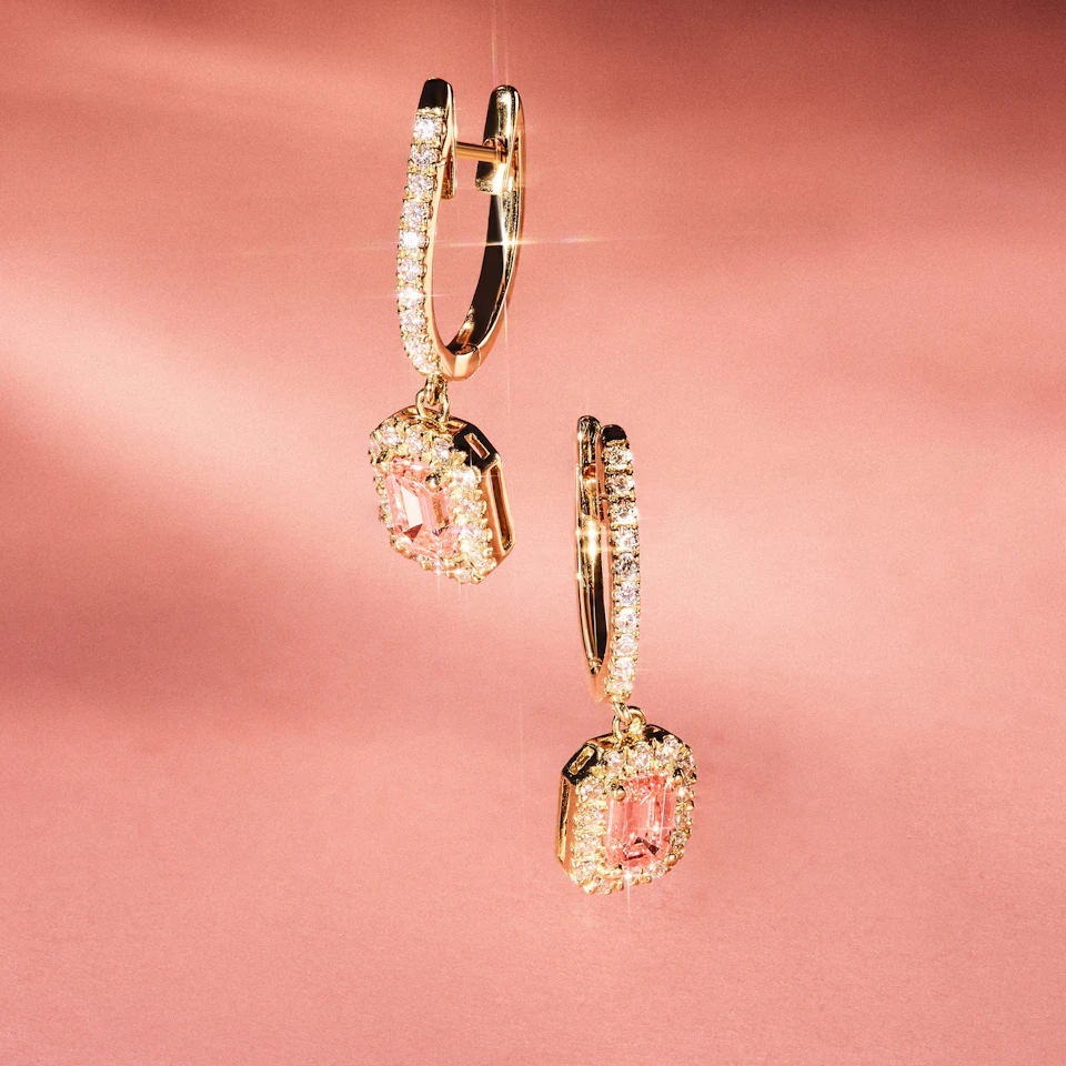 Annabelle Pink Lab Diamond 1.48ct Emerald Cut Halo Earrings in 18K Yellow Gold - Elara Collection