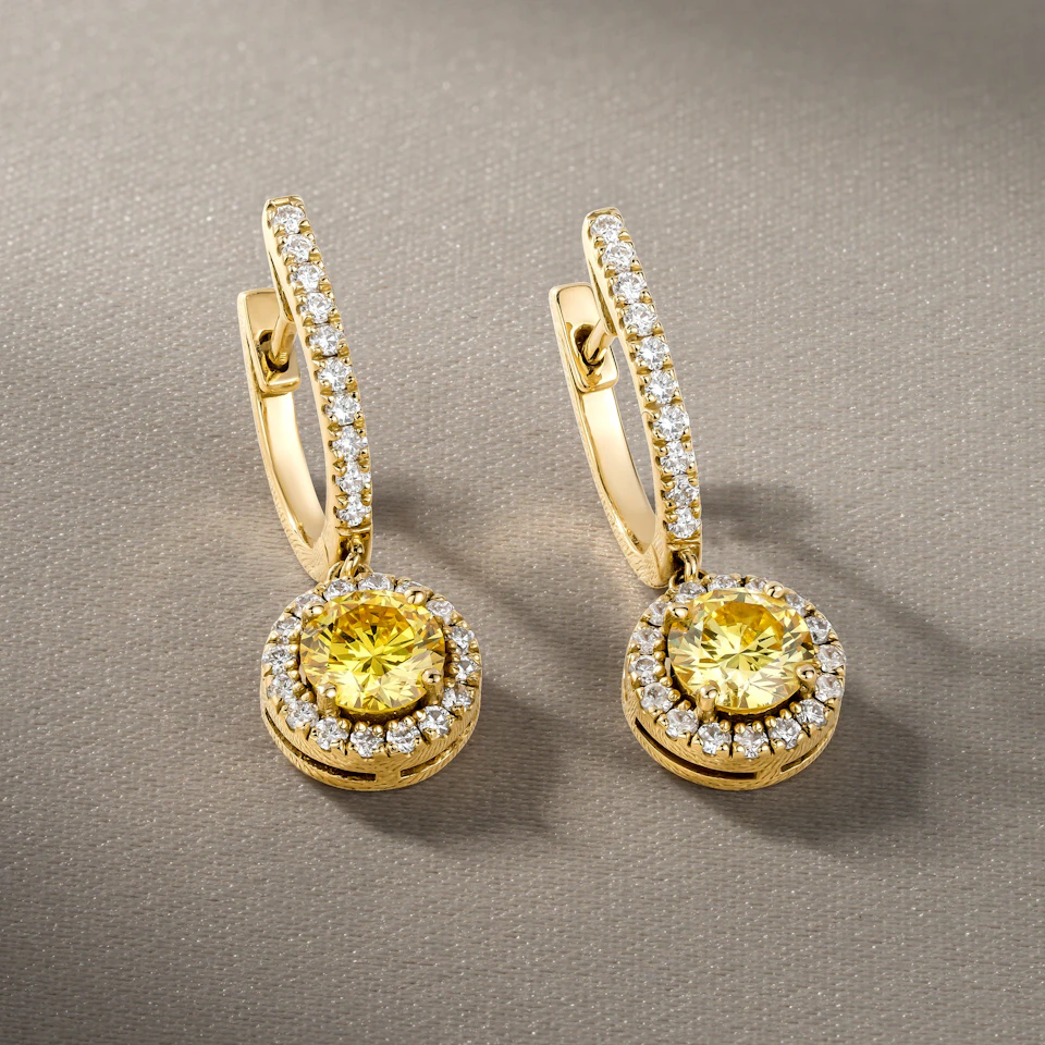 Ella Yellow Lab Diamond 1.48ct Halo Drop Earrings in 18K Yellow Gold - Elara Collection