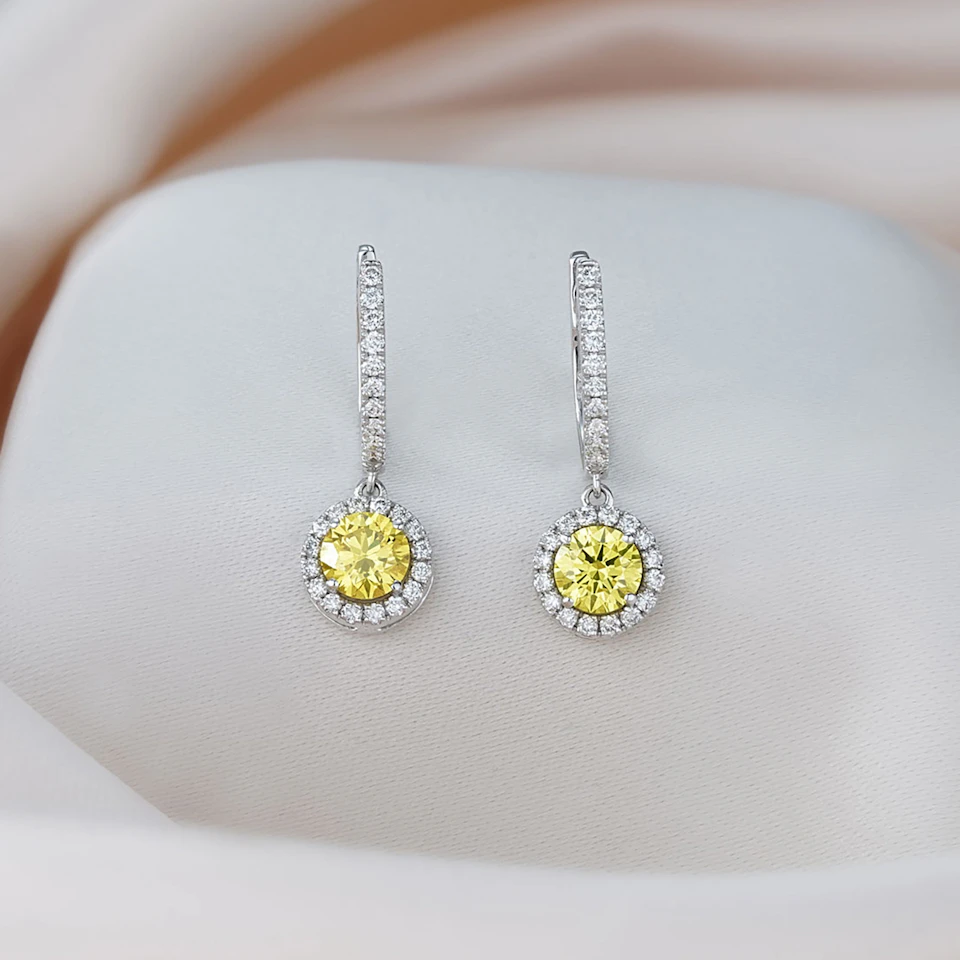 Ella Yellow Lab Diamond 1.48ct Halo Drop Earrings in 18K White Gold - Elara Collection