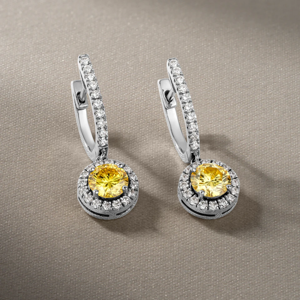 Ella Yellow Lab Diamond 1.48ct Halo Drop Earrings in 18K White Gold - Elara Collection