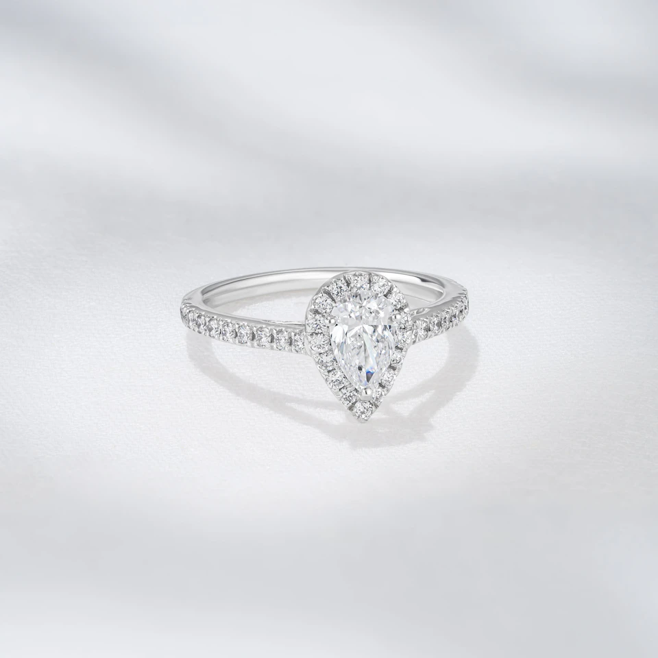 Diana Lab Diamond Pear Halo Engagement Ring 18KW Gold 1ct F/VS1