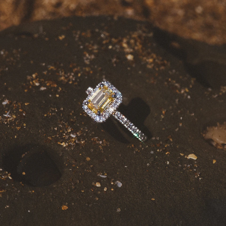Annabelle Yellow Lab Diamond 1.65ct Emerald Cut Halo Ring in Platinum - Elara Collection