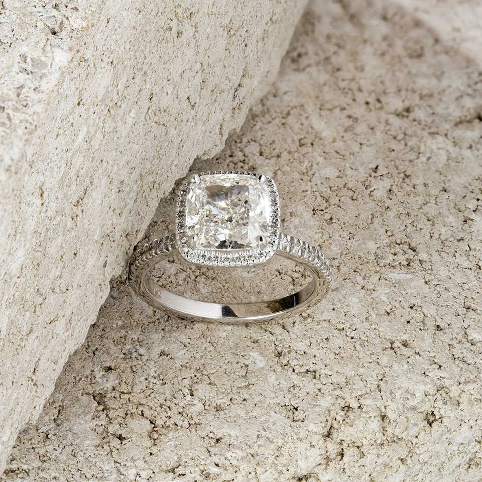 Beatrice 3.55ct Lab Diamond Cushion Cut Engagement Ring in 18K White Gold G/VS1