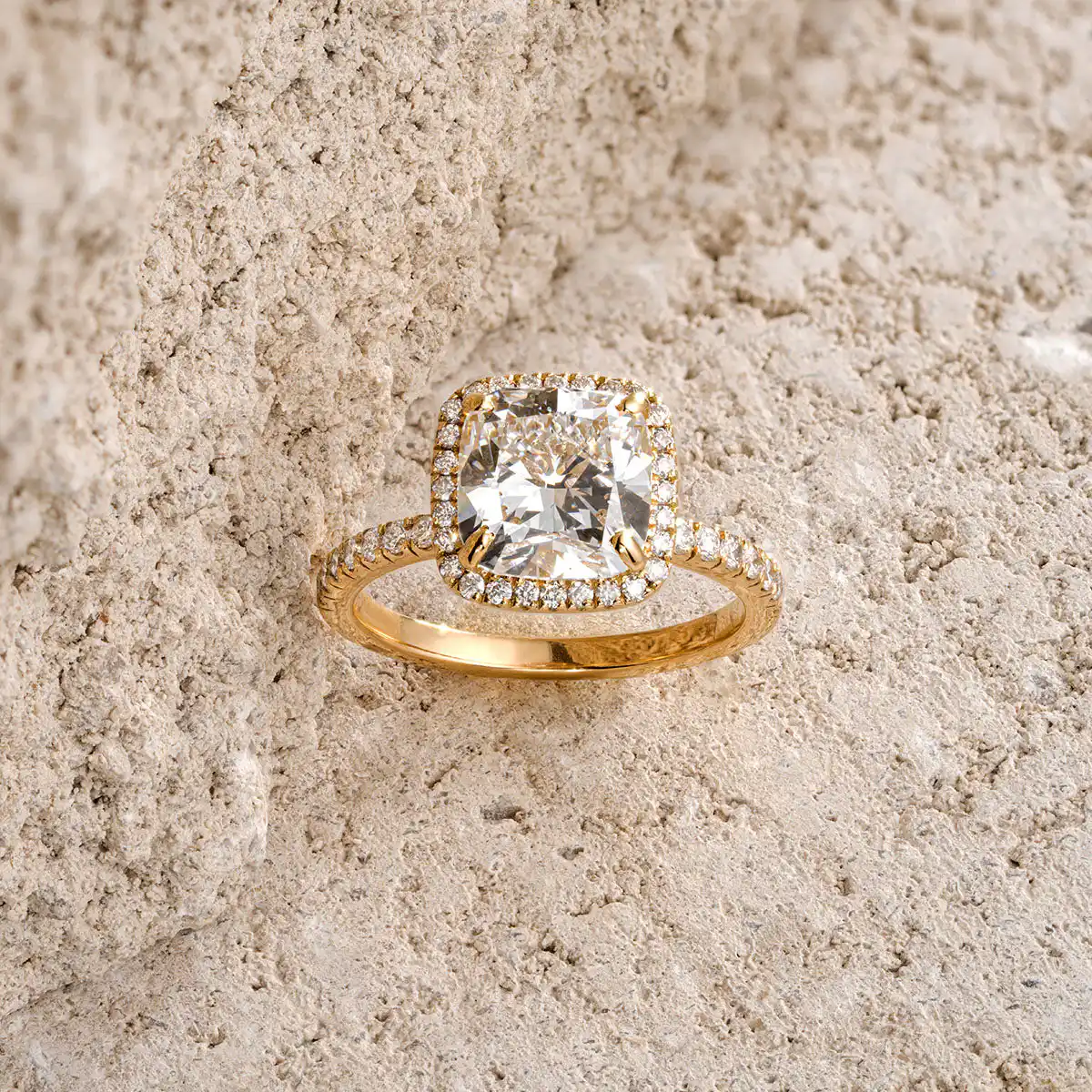 Beatrice 3.55ct Lab Diamond Cushion Cut Engagement Ring in 18K Yellow Gold G/VS1