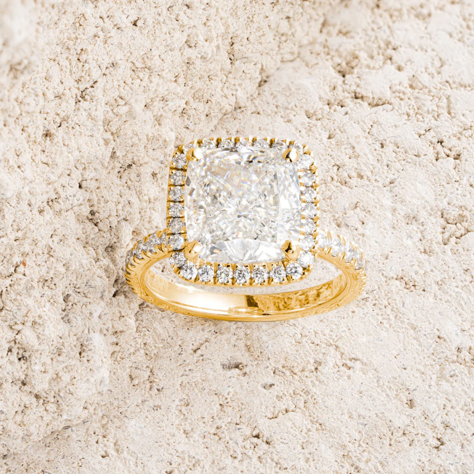 Beatrice 5.75ct Lab Diamond Cushion Cut Engagement Ring in 18K Yellow Gold G/VS1