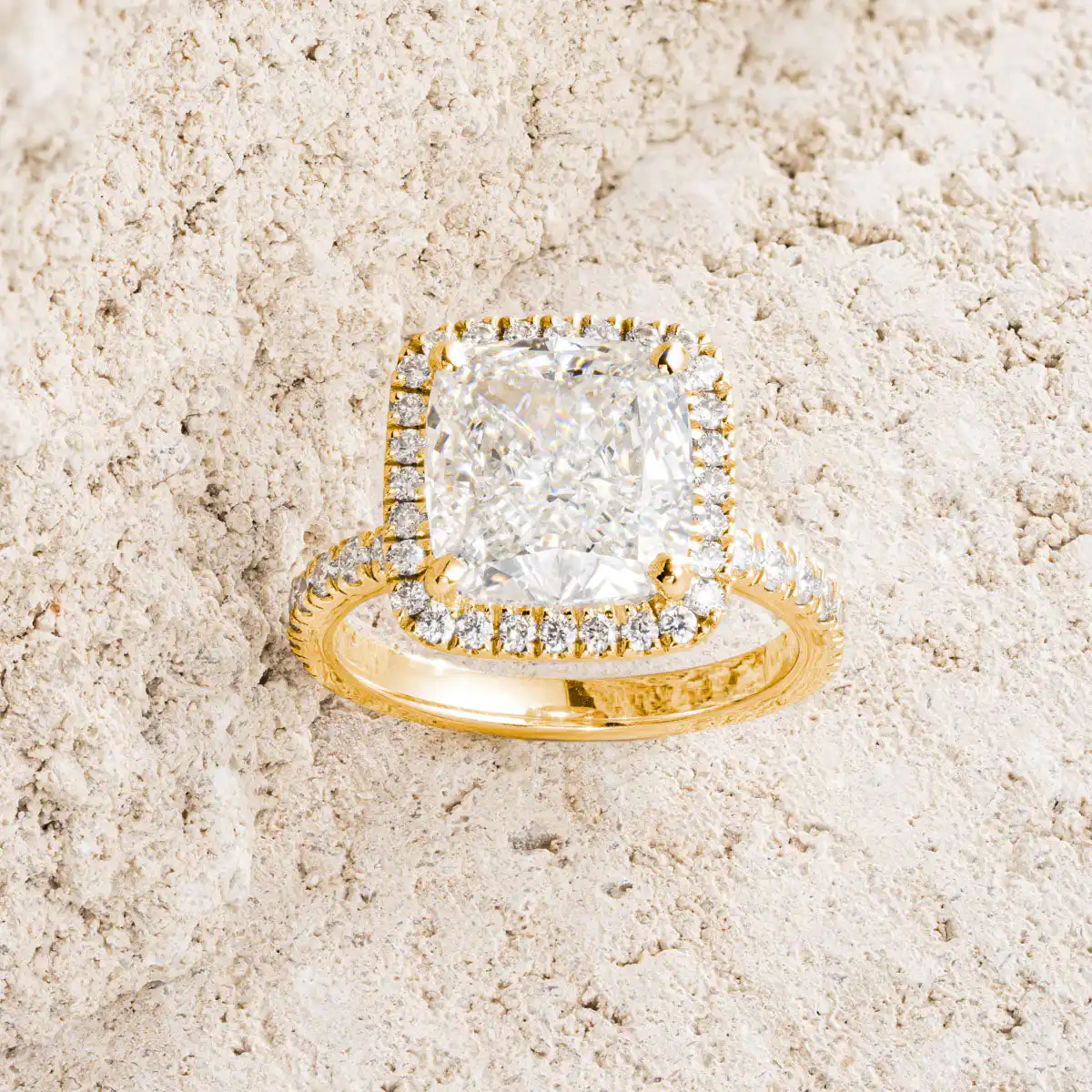 Beatrice 5.75ct Lab Diamond Cushion Cut Engagement Ring in 18K Yellow Gold G/VS1