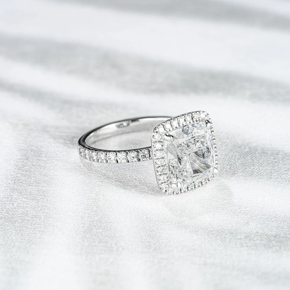 Beatrice 5.75ct Lab Diamond Cushion Cut Engagement Ring in 18K White Gold G/VS1