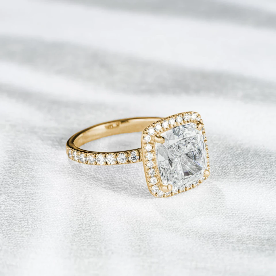 Beatrice 5.75ct Lab Diamond Cushion Cut Engagement Ring in 18K Yellow Gold G/VS1