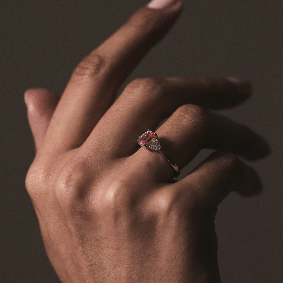 Aurora Pink Lab Diamond Emerald Cut and Trillion 1.70ct Ring in 18K White Gold - Elara Collection