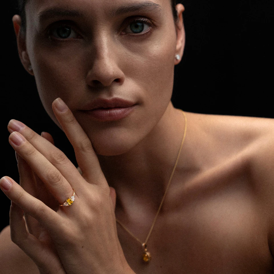 Dalia Yellow Lab Diamond Oval with Trillions 1.70ct Ring in 18K White Gold - Elara Collection
