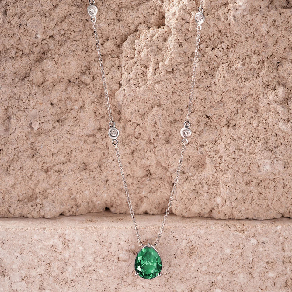 Astra 2.40ct Lab Emerald and Diamond Solitaire Pear Cut Necklace in Silver