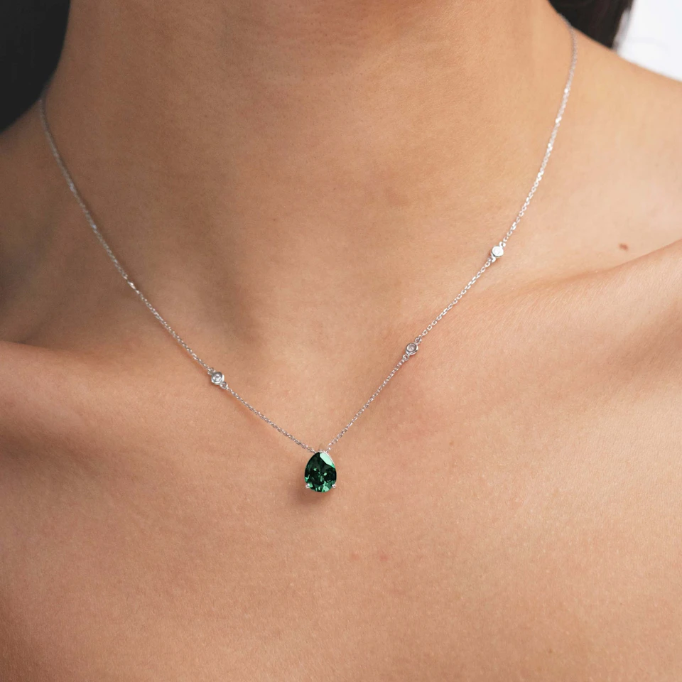 Astra 2.40ct Lab Emerald and Diamond Solitaire Pear Cut Necklace in Silver