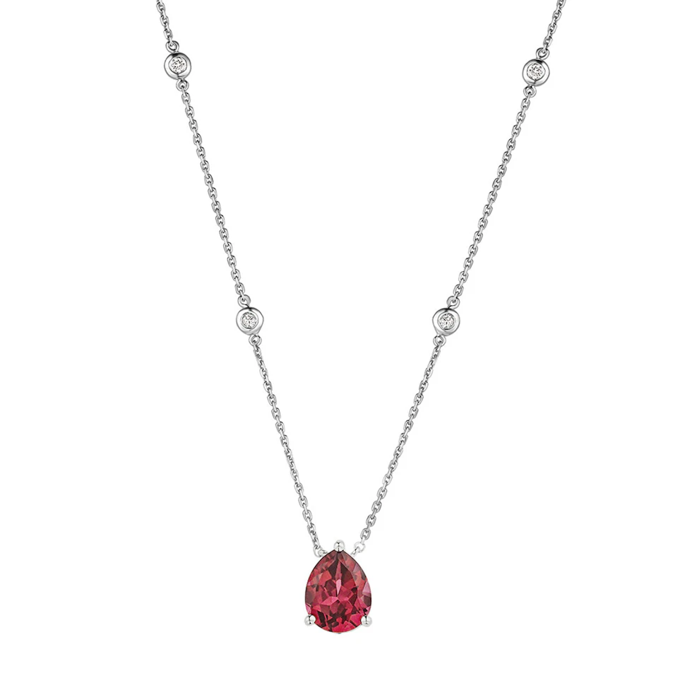Astra 3.50ct Lab Ruby and Diamond Solitaire Pear Cut Necklace in Silver