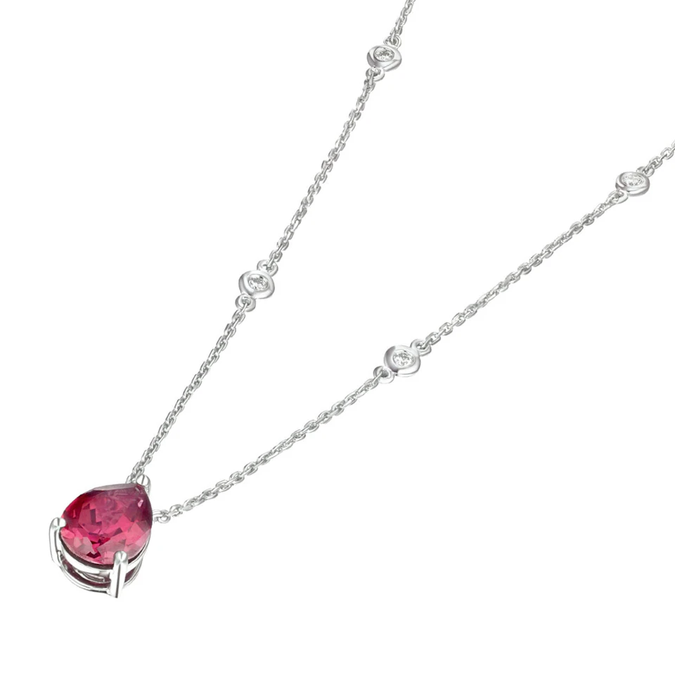 Astra 3.50ct Lab Ruby and Diamond Solitaire Pear Cut Necklace in Silver