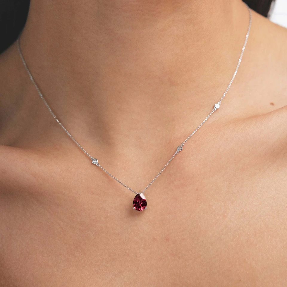 Astra 3.50ct Lab Ruby and Diamond Solitaire Pear Cut Necklace in Silver