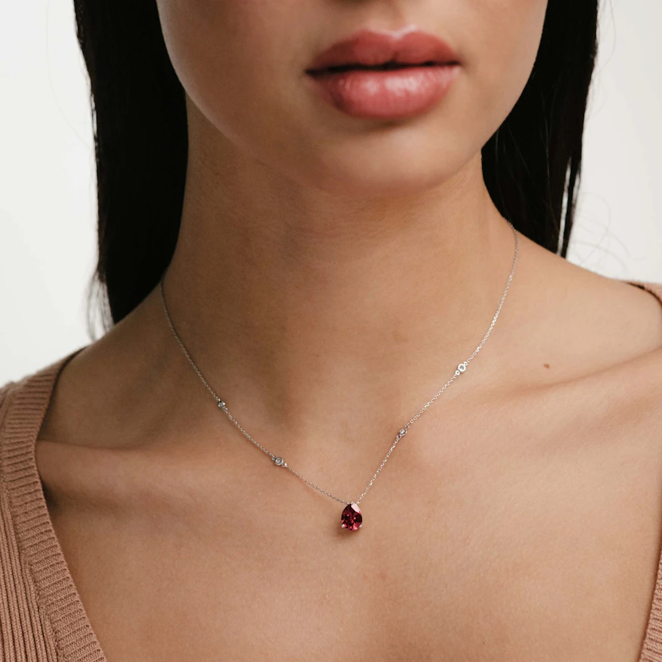 Astra 3.50ct Lab Ruby and Diamond Solitaire Pear Cut Necklace in Silver