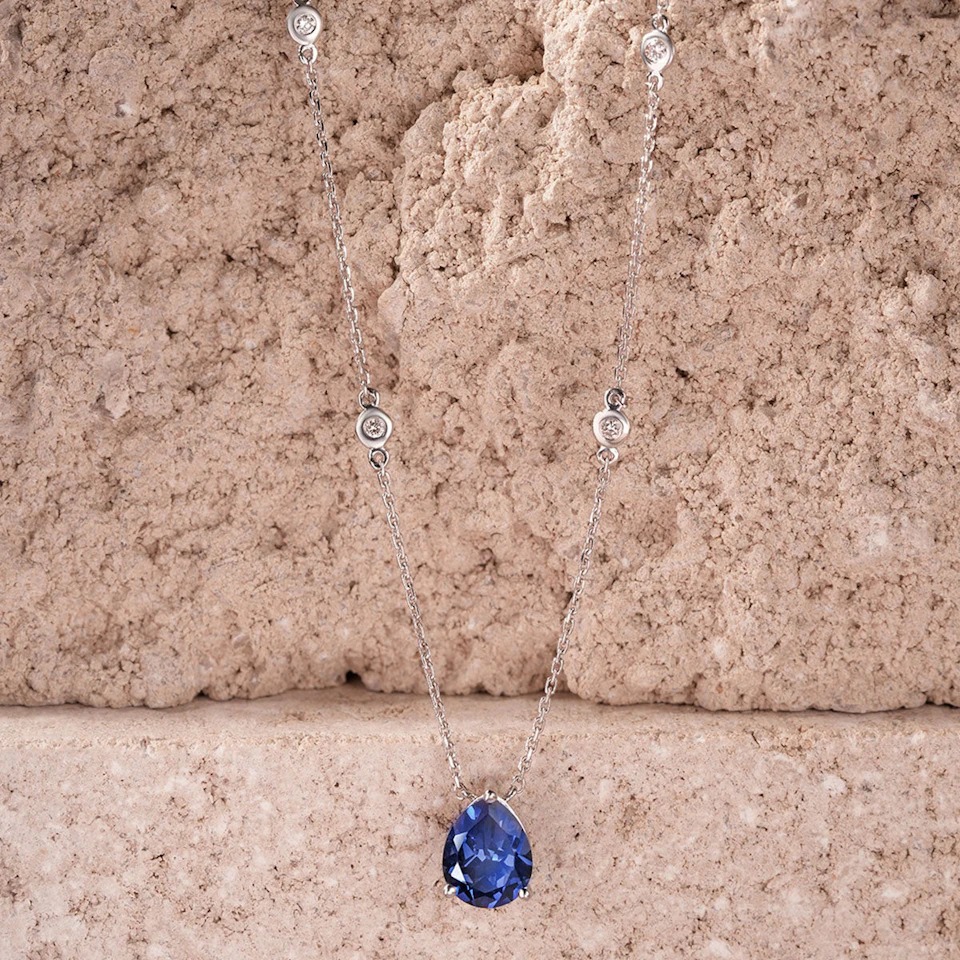 Astra 3.20ct Lab Sapphire and Diamond Solitaire Pear Cut Necklace in Silver