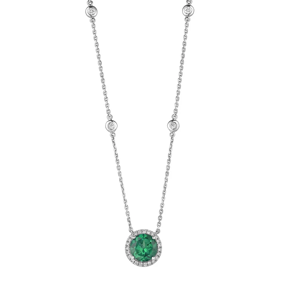 Astra 2.30ct Lab Emerald and Diamond Halo Round Cut Necklace in Silver