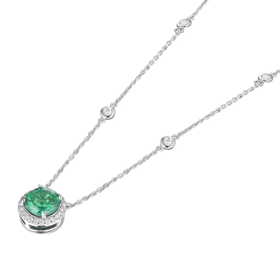 Astra 2.30ct Lab Emerald and Diamond Halo Round Cut Necklace in Silver