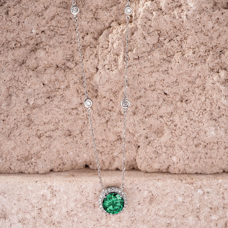 Astra 2.30ct Lab Emerald and Diamond Halo Round Cut Necklace in Silver